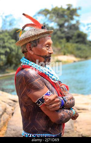 Chef de la tribu autochtone Asurini de l'Amazonie brésilienne. Rivière Xingu, Brésil, 2010. Banque D'Images