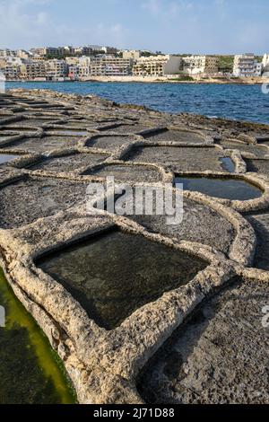 Zonqor point moules de sel à Marsaskala qui sont considérés à ce jour de l'époque romaine, Malte Banque D'Images