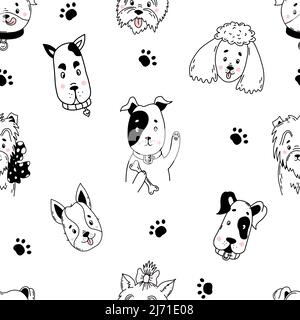 Motif linéaire sans couture avec portraits de chiens domestiques mignons de différentes races sur fond blanc avec des empreintes de pattes. Illustration vectorielle dans le dessin à la main Illustration de Vecteur