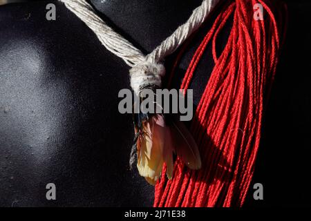 Détail d'ornement ou de bijoux sur le dos d'un indien d'une tribu amazonienne brésilienne, prenant part aux Jeux autochtones. 2010. Banque D'Images