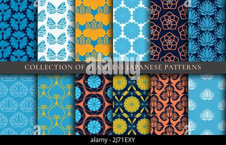 Collection de motifs traditionnels sans couture de printemps asiatique japonais, coloris bleu jaune Illustration de Vecteur