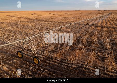 Turpin, Oklahoma - Centre de l'équipement d'irrigation pivot au début du printemps sur une ferme dans la panhandle de l'Oklahoma. Banque D'Images