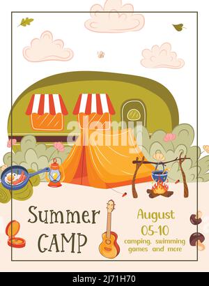 Camp d'été avec concept handdrawn lettrage, le camping et les voyages en vacances avec différents équipements tels que tente, sac à dos et d'autres. Dans l'affiche Illustration de Vecteur