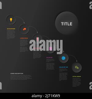 Modèle vectoriel d'étapes de progression diagonales sombres avec des flèches faites à partir de six cercles de relief sombres avec des descriptions et des icônes et un chronogramme coloré en arc-en-ciel Illustration de Vecteur