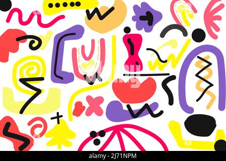 Lignes colorées, cercles et points arrière-plan abstrait, formes intangibles arrière-plan avec fond blanc, formes complexes et irrégulières, rose jaune Illustration de Vecteur