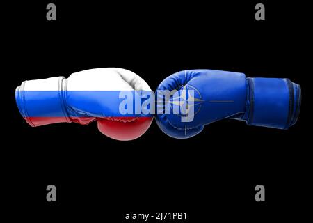 3D drapeaux d'illustration de la Russie et de l'OTAN sur des gants de boxe isolés sur fond noir. Banque D'Images