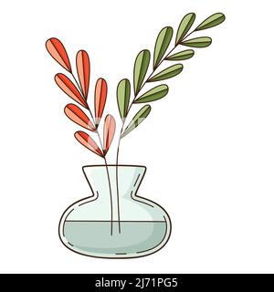 Brindilles simples avec feuilles dans un vase d'eau. Un élément de décoration d'intérieur. Elément de conception avec contour. Doodle, dessiné à la main. Conception plate. Illustrateur de vecteur de couleur Illustration de Vecteur
