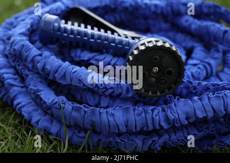 gros plan du tuyau d'arrosage sur le sol herbacé. tube en caoutchouc bleu avec dispositif de pulvérisation et d'arrosage des plantes dans le jardin. mise au point sélective Banque D'Images
