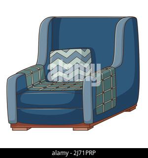 Un fauteuil bleu avec une couverture et un oreiller. Un élément intérieur. Meubles de maison. Elément de conception avec contour. Doodle, dessiné à la main. Conception plate. Couleur vec Illustration de Vecteur