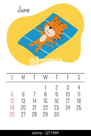 Modèle de page de calendrier mural vertical pour juin 2022 avec un symbole d'année chinoise de dessin animé. La semaine commence le dimanche. Le soleil du tigre baigne sur le tapis. Illustration de Vecteur