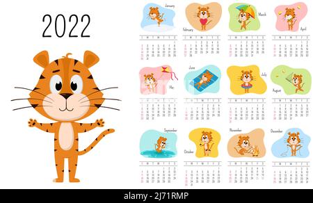 Modèle de calendrier mural vertical 2022. La semaine commence le dimanche. Calendrier prêt à imprimer avec le symbole de l'année chinoise, dessin animé Tiger. Un ensemble de 12 pages et Illustration de Vecteur