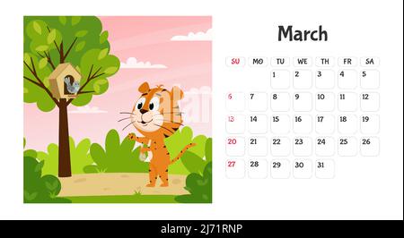 Modèle de page de calendrier horizontal pour le mois de mars 2022 avec un symbole tigre de bande dessinée de l'année chinoise. La semaine commence le dimanche. Un tigre nourrit a b Illustration de Vecteur