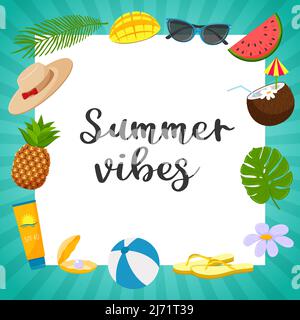 Une carte postale carrée avec un cadre à rayures vertes et les mots Summer vibes. Éléments décoratifs d'été, crème solaire, tongs, feuille de palmier, pastèque, coc Illustration de Vecteur