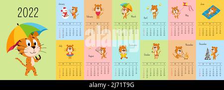 Modèle de calendrier mural vertical 2022. La semaine commence le dimanche. Calendrier prêt à imprimer avec le symbole de l'année chinoise, dessin animé Tiger. Un ensemble de 12 pages et un c Illustration de Vecteur