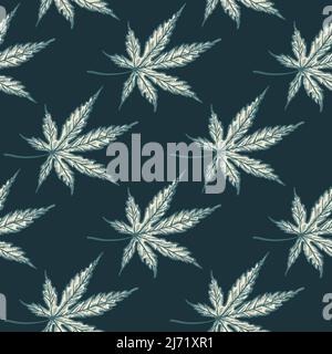 Feuilles de cannabis gravé sans couture. Arrière-plan rétro botanique avec feuille de marijuana dans le style dessiné à la main. Texture de motif de couleur répétée vectoriel pour Illustration de Vecteur