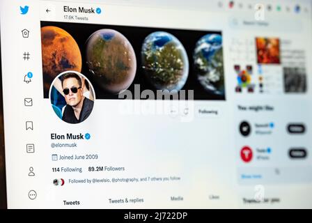 Twitter Seite des Unternehmers Elon Musk, Twitter, Soziales Netzwerk, Internet, Internet, Internet, Bildschirmfoto, détail, Allemagne Banque D'Images