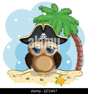 Hibou pirate, personnage de dessin animé du jeu, un oiseau dans un bandana et un chapeau à tête de cocon avec un crâne, avec un timbre oculaire. Caractère avec des yeux brillants sur l'isl Illustration de Vecteur