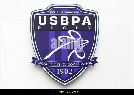 Bourg, France - 26 septembre 2020: USBPA Union sportive Bressane pays de lain signe sur un mur. USBPA Union sportive Bressane est un club de rugby Banque D'Images
