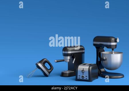 Machine à café expresso, mixeur plongeant, bouilloire et grille-pain pour préparer le petit déjeuner sur fond bleu. 3d rendu de la cafetière pour préparer du café latte Banque D'Images
