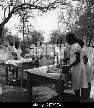 Les filles soudanaises train pour être enseignants. Ils apprennent dans les salles de classe de Grass Hut jusqu'à ce que le New College soit prêt. Jusqu'à ce que le bâtiment du centre de formation soit terminé, les filles font faire sous les arbres, le repassage de leurs vêtements. Les vêtements sont fournis gratuitement aux filles et elles reçoivent 20 piastres (environ 2/6d) de l'argent de poche par mois. 14 mai 1953. (Photo du Bureau central d'information). Banque D'Images