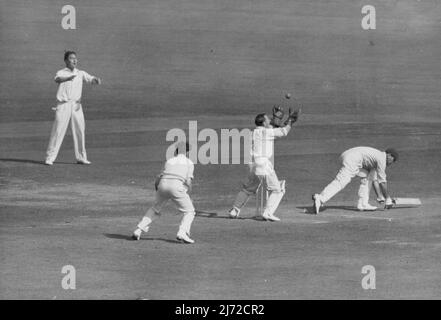 Gomez pris par McIntyre au large de Brown -- Gerry Gomez (Trinidad) pris derrière le cricket par le gardien de l'Angleterre Arthur McIntyre (Surrey) au large du bowling de F.R. Brown, le capitaine de l'Angleterre, après avoir obtenu 74 courses pour les Antilles à He Oval, Londres, jour après jour (lundi), deuxième jour du quatrième et dernier match de test. 14 août 1950. (Photo de Reuterphoto). Banque D'Images