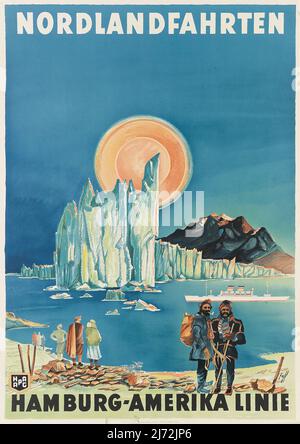 Affiche originale pour la Hamburg America Line - le pôle Nord et l'Arctique - Hambourg Amerika Linie Croisieres aux pays du Nord -1936 Banque D'Images