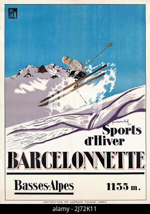 Affiche de voyage vintage 1920s - Sport d'hiver, Sport d'hiver BARCELONNETTE, BASSES-Alpes. 1135 m. 1928 Banque D'Images