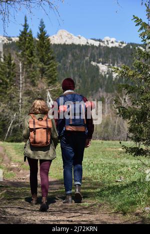 Jeune couple actif avec des sacs à dos marchant le long du sentier vers la forêt sauvage et les montagnes rocheuses blanches au loin, vue arrière Banque D'Images