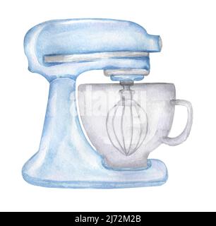 Peinture bleu aquarelle clip art, illustration de fouetter, ustensile de boulanger dessiné à la main, clipart de cuisine, logo de cuisson Banque D'Images