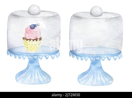 Gâteau bleu aquarelle pour gâteau avec clip art cupcake, illustration d'assiette, élément boulanger dessiné à la main, clipart de cuisine, logo de cuisson, clip art de boulangerie Banque D'Images