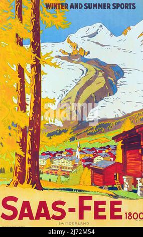 Vintage 1920s French Travel Poster - Saas-Fee ,1925 Banque D'Images