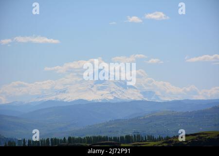 Vue sur le Mont Hood en Oregon depuis le Butte de Horsehief, dans le parc national historique de Columbia Hills, gorge de Columbia, État de Washington, États-Unis. Banque D'Images