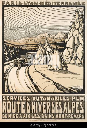 VINTAGE FRENCH 1920s POSTER DE VOYAGE PLM, Services automobiles, route d'hiver des Alpes de Nice à Aix-les-bains-Mont-Revard Jean JULIEN vers 1922 Banque D'Images