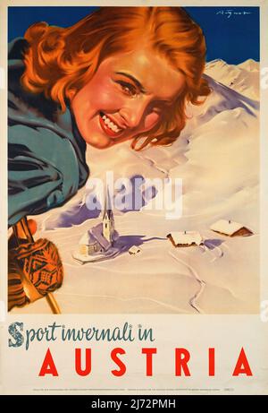 VINTAGE 1950s AUTRICHE AFFICHE VOYAGE - Sport invernali en Autriche Paul AIGNER vers 1950 Banque D'Images