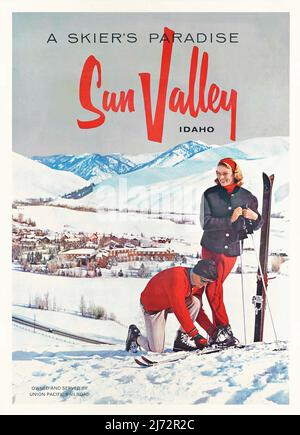 Vintage 1950s America Winter Sports Travel Poster - A Skier Paradise - Sun Valley - Idaho c.1950 Banque D'Images