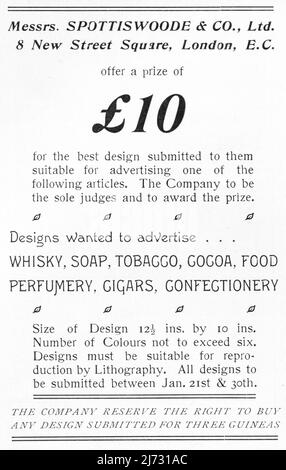 Une publicité de 1903 par Spottiswoode and Co. Du 8 New Street Square, Londres. Imprimantes, lithographes, Stationers, Electrotypers, éditeurs, Et libraires. La publicité offre un prix de £10 pour des dessins faisant la promotion du whisky, du savon, du tabac, du cacao, de la nourriture, produits de parfumerie, cigares et confiseries. Banque D'Images