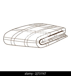 Couverture en tissu écossais pliée. Couvercle. Elément de conception avec contour. Le thème d'un hiver confortable, l'automne. Doodle, dessiné à la main. Illustration vectorielle noir et blanc. ISO Illustration de Vecteur