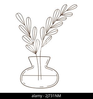 Brindilles simples avec feuilles dans un vase d'eau. Un élément de décoration d'intérieur. Elément de conception avec contour. Doodle, dessiné à la main. Illustration vectorielle noir et blanc. Isol Illustration de Vecteur