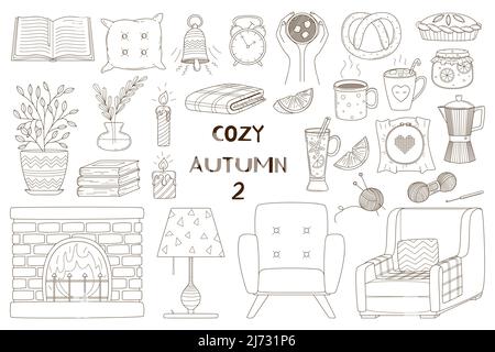 Un ensemble d'éléments décoratifs. Automne, maison confortable, hugge. Meubles, intérieur, café, cheminée, confiture, lampe. Collection de dessins de contour. Noir a Illustration de Vecteur