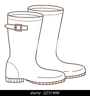 Bottes en caoutchouc avec sangle. Chaussures.. Elément de conception avec contour. Le thème de l'hiver, l'automne. Doodle, dessiné à la main. Illustration vectorielle noir et blanc. JE Illustration de Vecteur