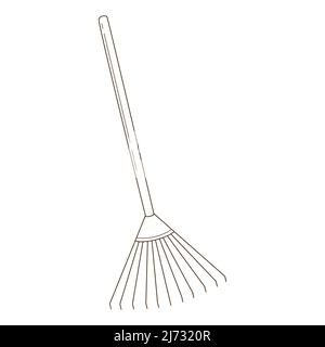 Râteau pour desserrer le sol et recueillir les feuilles. Outils de jardin, un symbole de l'automne. Élément décoratif avec contour. Doodle, dessiné à la main. Noir W Illustration de Vecteur