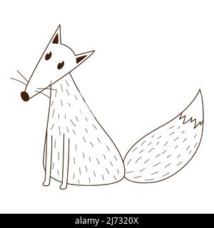Un joli renard simple. Un mammifère sauvage de la forêt. Élément décoratif avec contour. Doodle, dessiné à la main. Illustration vectorielle noir et blanc. Isolé sur un blanc Illustration de Vecteur