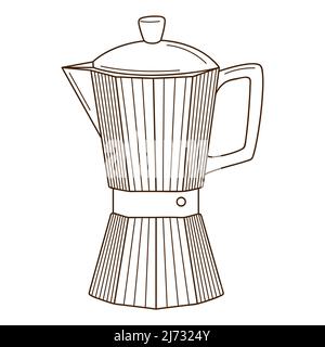 Cafetière, geyser. Turk pour café, équipement de cuisine. Elément de conception avec contour. Doodle, dessiné à la main. Illustration vectorielle noir et blanc. Illustration de Vecteur