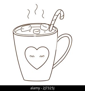 Une tasse de chocolat chaud avec des guimauves et une canne à sucre. Une boisson chaude et revigorante le matin. Elément de conception avec contour. Doodle, dessiné à la main. Blanc noir Illustration de Vecteur