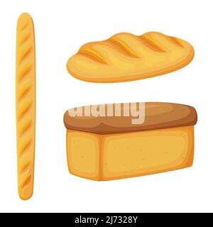 Pain, baguette, pain. Produits de boulangerie, pâtisseries, pain. Nourriture, un ingrédient alimentaire. Plat, style dessin animé. Illustration vectorielle de couleur isolée sur un Illustration de Vecteur