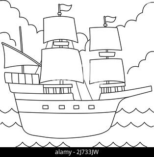 Page de coloriage pour enfants de Thanksgiving Pilgrim Boat Illustration de Vecteur