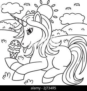 Licorne manger crème glacée coloriage page pour enfants Illustration de Vecteur