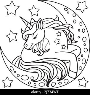 UNICORN Sleeping on the Moon coloriage page Illustration de Vecteur