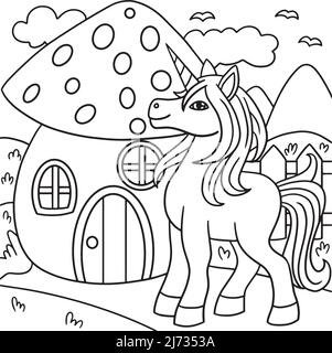 Licorne devant la page de coloriage des champignons Illustration de Vecteur