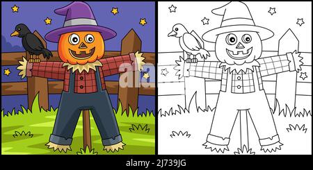 Illustration de la page de coloriage d'Halloween de Scarecrow Illustration de Vecteur